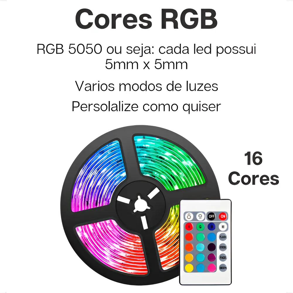 Fita Led Rgb 5m 5050 Colorida Decoração + Fonte + Controle Luz RBG 16 Cores Tensão de operação - Imagem 2